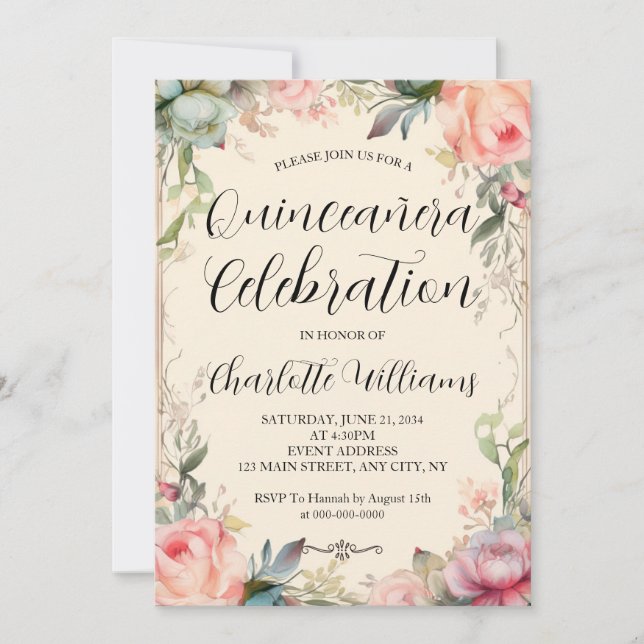 Invitación Quinceañera Fairytale Floral 15 cumpleaños (Anverso)