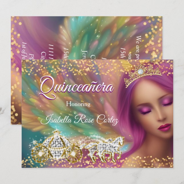 Invitación Quinceañera Fairytale Porte de Oro Rosa Púrpura (Anverso / Reverso)