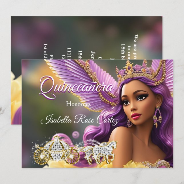 Invitación Quinceanera Fairytale Porte De Oro Rosa Púrpura A (Anverso / Reverso)