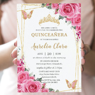 Invitación Quinceañera Fantasmas de Oro Floral de Fuchsia Ros