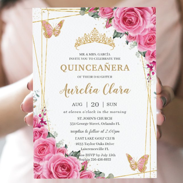 Invitación Quinceañera Fantasmas de Oro Floral de Fuchsia Ros (Subido por el creador)