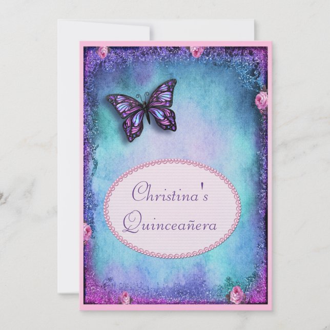 Invitación Quinceañera Faux Purpurina, mariposa, Rosas y enca (Anverso)