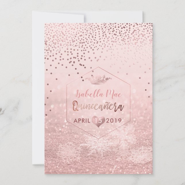 Invitación Quinceanera/Faux Rosa Confetti de oro+Bokeh de nie (Anverso)