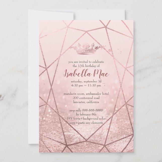 Invitación Quinceanera/Faux Rosa Copos de nieve + Corona (Reverso)