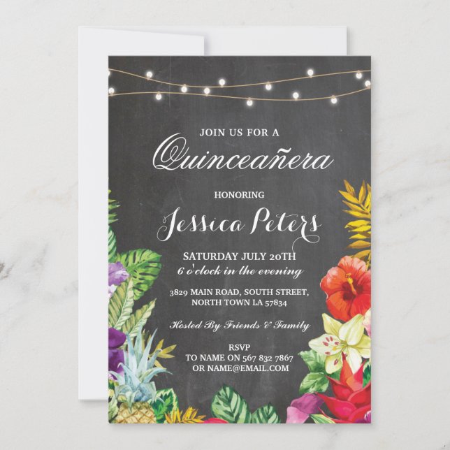 Invitación Quinceañera Fiesta Aloha Luces tropicales invitan  (Anverso)