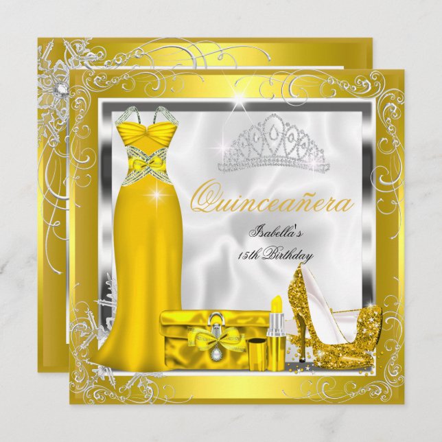 Invitación Quinceanera Fiesta Amarillo vestido de plata S5 (Anverso / Reverso)