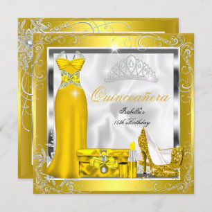 Invitación Quinceanera Fiesta Amarillo vestido de plata S5