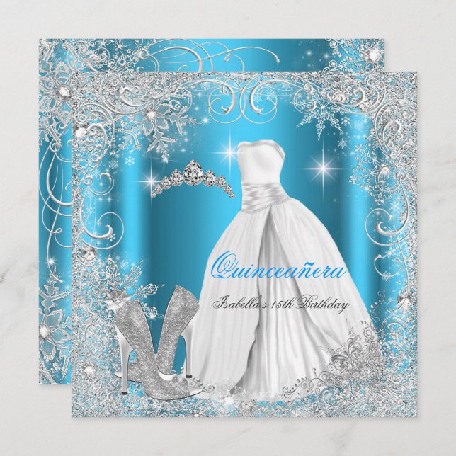Invitación Quinceanera Fiesta Blue Silver Winowflakes (Anverso / Reverso)