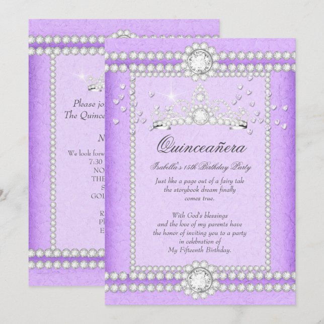 Invitación Quinceanera Fiesta Bonito Lilac Diamante del coraz (Anverso / Reverso)