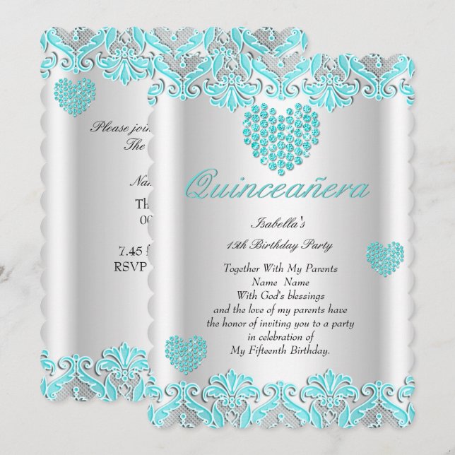 Invitación Quinceanera Fiesta Bonito Verde azulado Corazón Az (Anverso / Reverso)