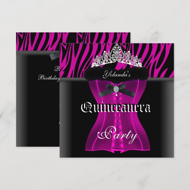 Invitación Quinceanera Fiesta Cebra Rosa Negro Corset Tiara (Anverso / Reverso)