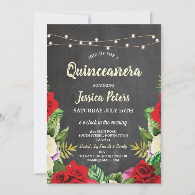 Invitación Quinceanera Fiesta Chalk Roses Roses Roses Invocac (Anverso)