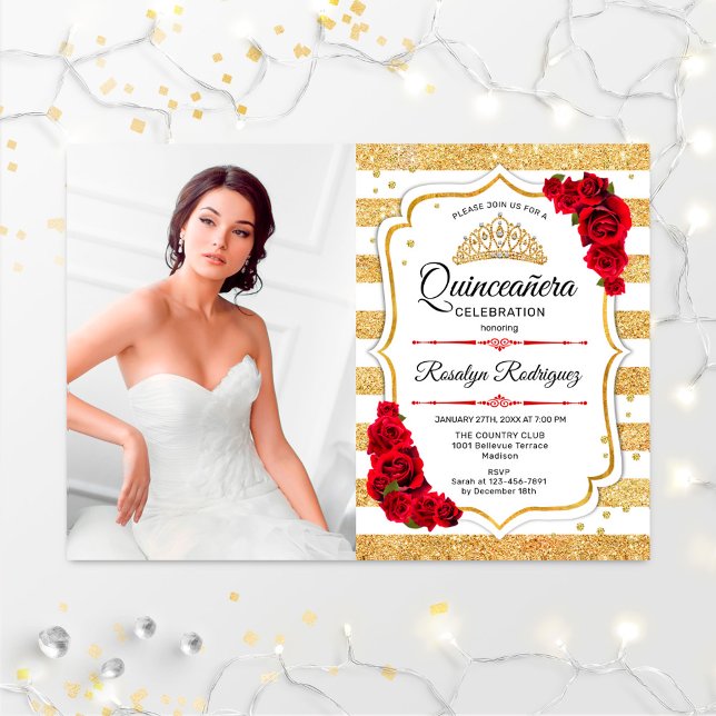 Invitación Quinceanera Fiesta con foto - Bandas blancas de or (Subido por el creador)