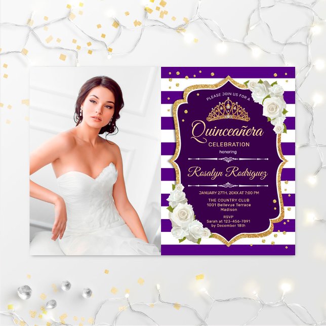Invitación Quinceanera Fiesta con foto - Blanco de oro morado (Subido por el creador)
