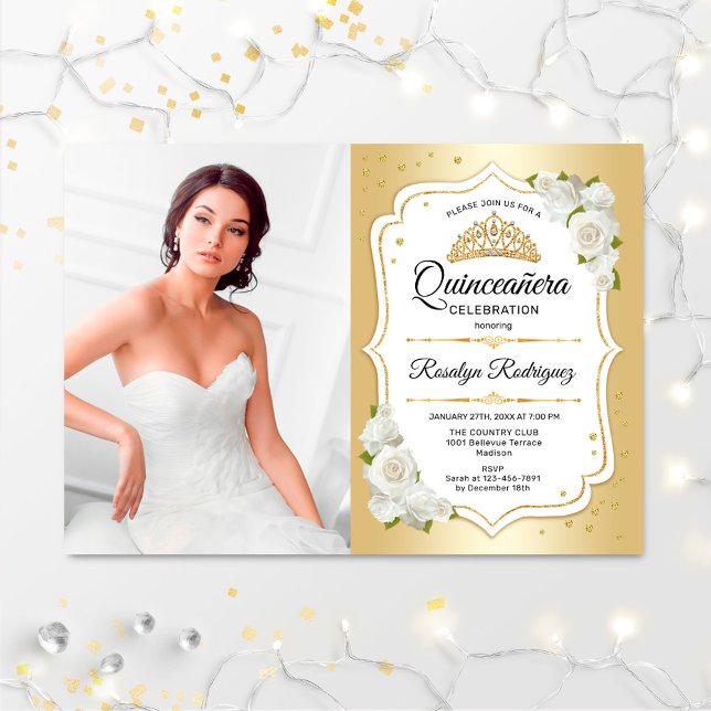 Invitación Quinceanera Fiesta con foto - Blanco dorado (Subido por el creador)