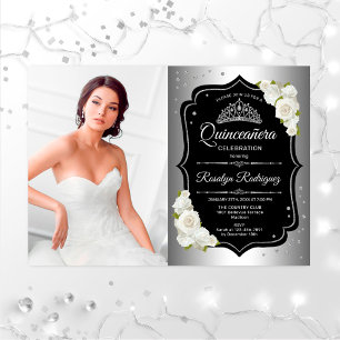 Invitación Quinceanera Fiesta con foto - Blanco negro platead