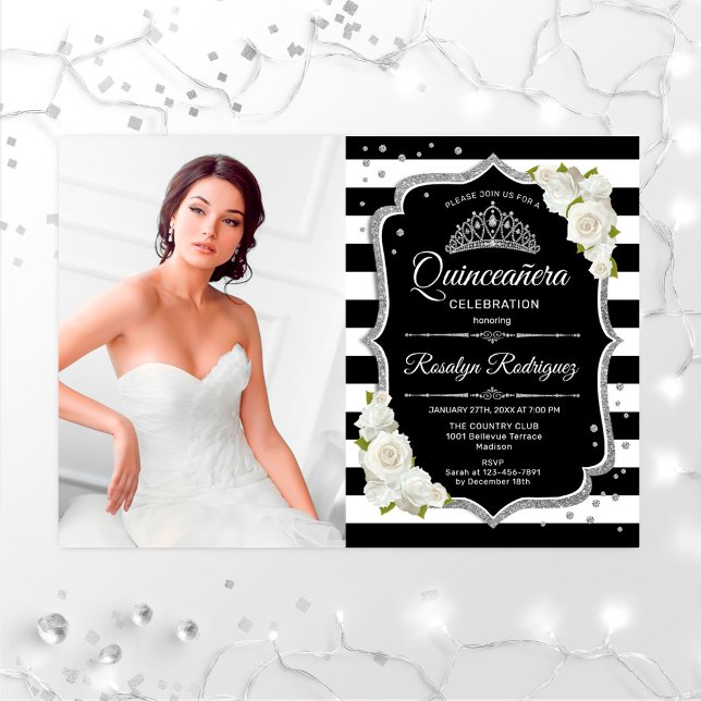 Invitación Quinceanera Fiesta con foto - Blanco negro platead (Subido por el creador)