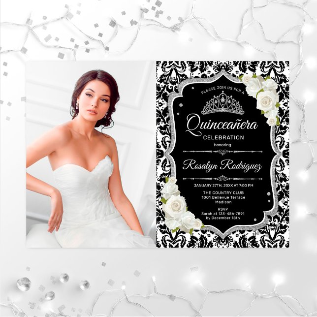 Invitación Quinceanera Fiesta con foto - Blanco negro platead (Subido por el creador)