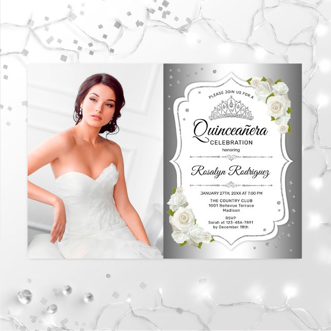 Invitación Quinceanera Fiesta con foto - Blanco plateado (Subido por el creador)