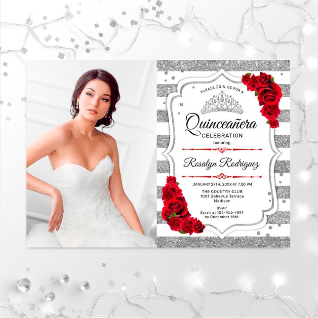 Invitación Quinceanera Fiesta con foto - Blanco plateado (Subido por el creador)