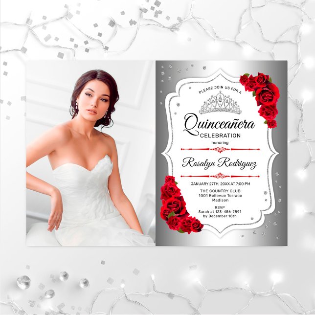 Invitación Quinceanera Fiesta con foto - Blanco plateado (Subido por el creador)