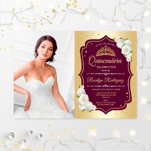 Invitación Quinceanera Fiesta con foto - Borgoña dorada