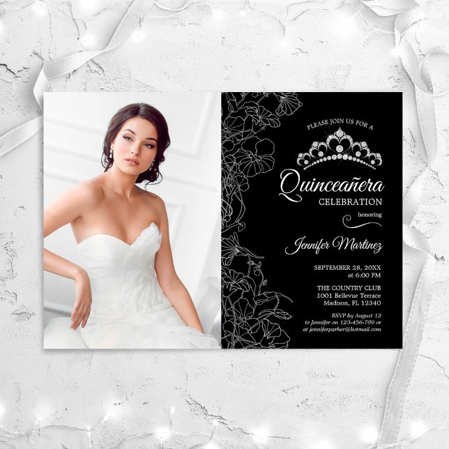 Invitación Quinceanera Fiesta con foto - Floral blanca negra (Subido por el creador)
