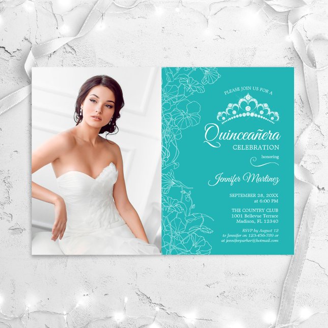 Invitación Quinceanera Fiesta Con Foto - Floral Turquesa (Subido por el creador)