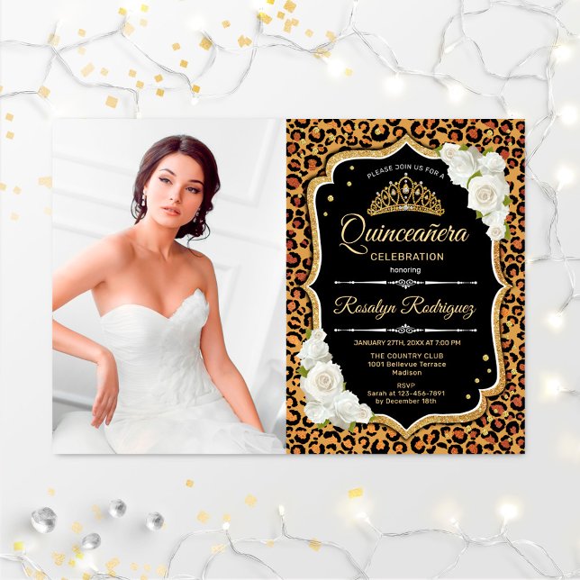 Invitación Quinceanera Fiesta con foto - Leopard Print Gold (Subido por el creador)