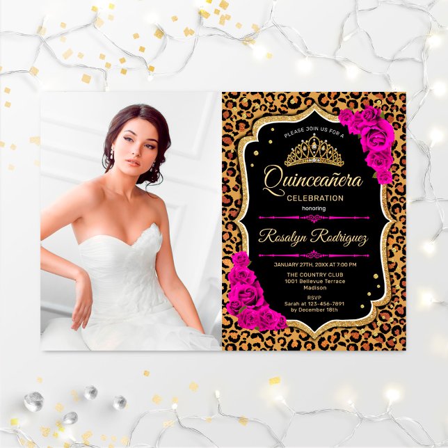 Invitación Quinceanera Fiesta con foto - Leopard Print Pink (Subido por el creador)
