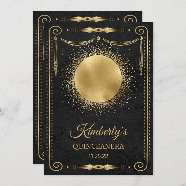Invitación Quinceanera Fiesta con foto - Negro y oro (Anverso / Reverso)