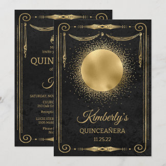 Invitación Quinceanera Fiesta con foto - Negro y oro