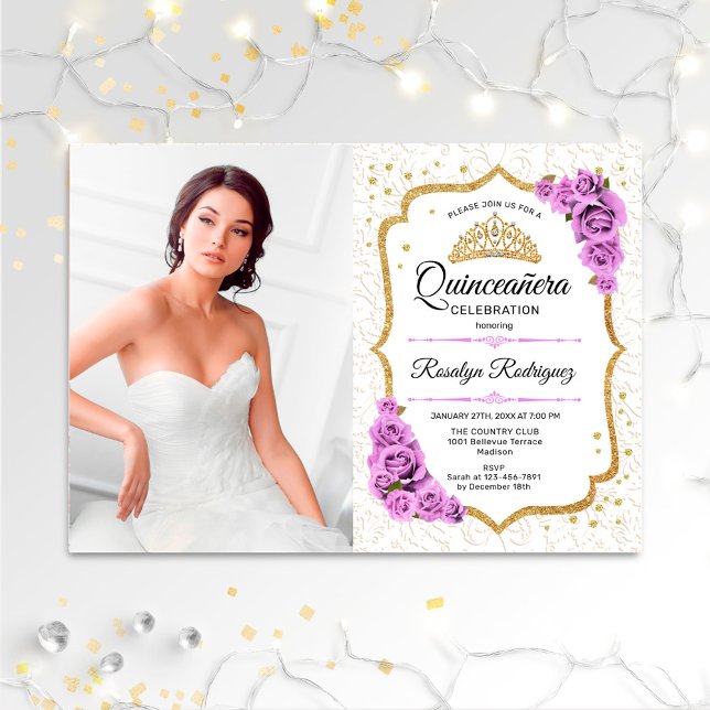 Invitación Quinceanera Fiesta con foto - Púrpura dorada blanc (Subido por el creador)