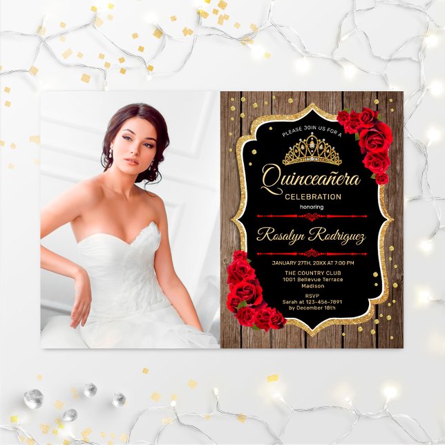 Invitación Quinceanera Fiesta con foto - Rojo de Madera Rústi (Subido por el creador)