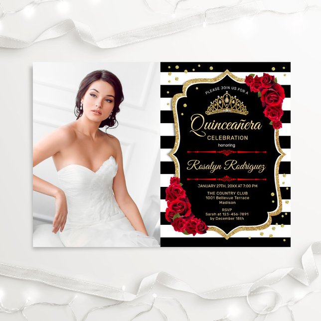 Invitación Quinceanera Fiesta con foto - Rojo Oro Negro (Subido por el creador)