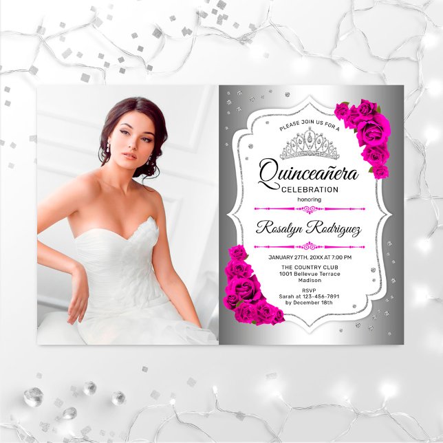 Invitación Quinceanera Fiesta con foto - Rosa blanco plateado (Subido por el creador)