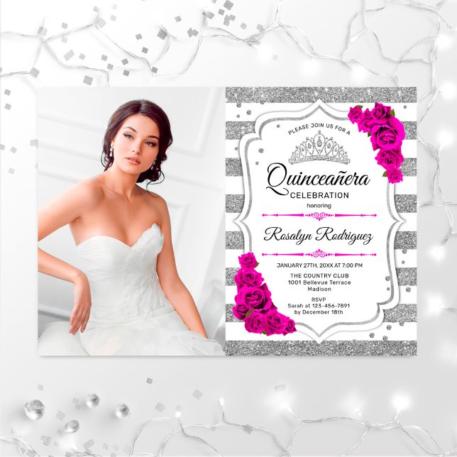 Invitación Quinceanera Fiesta con foto - Rosa blanco plateado (Subido por el creador)