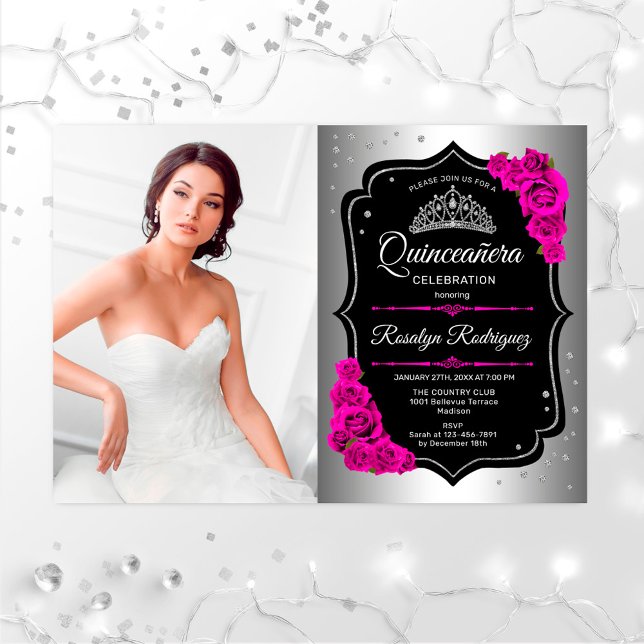 Invitación Quinceanera Fiesta con foto - Rosa negro plateado (Subido por el creador)
