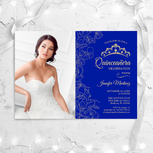 Invitación Quinceanera Fiesta con foto - Royal Blue Gold
