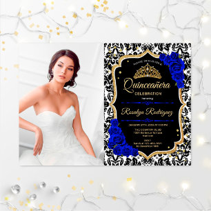 Invitación Quinceanera Fiesta con foto - Royal Blue Gold