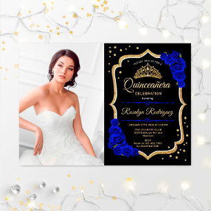 Invitación Quinceanera Fiesta con foto - Royal Blue Gold