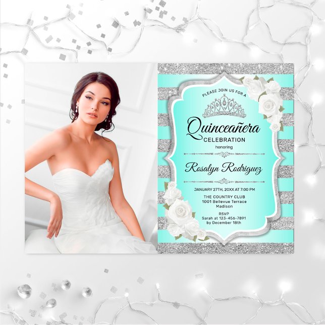 Invitación Quinceanera Fiesta con foto - Turquesa plateado (Subido por el creador)