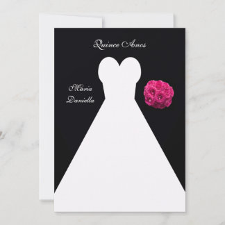Invitación Quinceanera Fiesta con traje blanco y ramo rosa