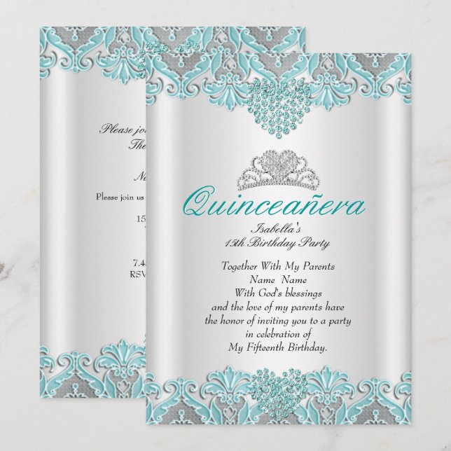 Invitación Quinceanera Fiesta Corazón Azul Verde azulado Lace (Anverso / Reverso)