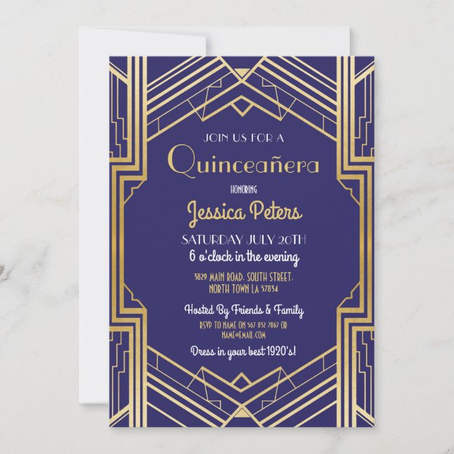 Invitación Quinceanera Fiesta Cumpleaños Gatsby Art Deco Invi (Anverso)