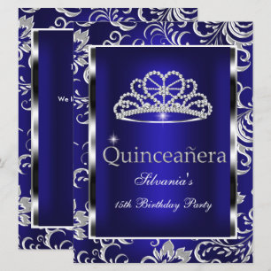 Invitación Quinceañera Fiesta de 15 Años Azul Oscuro Damask P