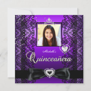 Invitación Quinceañera Fiesta de 15 Años Encaje Morado Negro 