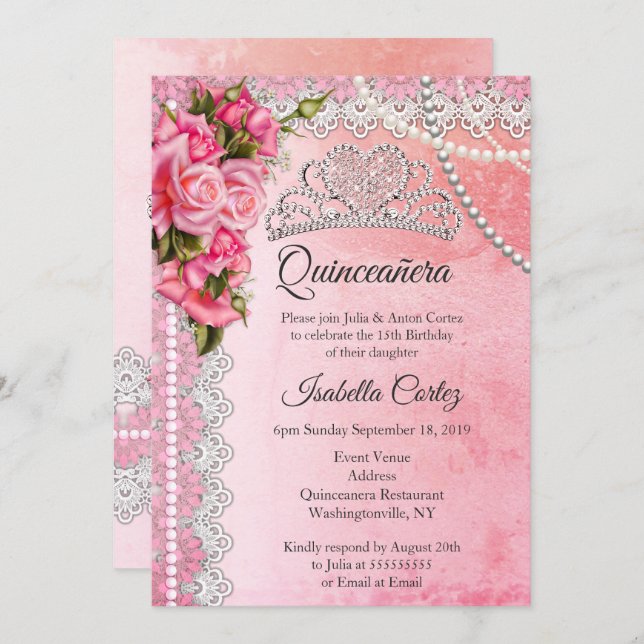 Invitación Quinceanera Fiesta de cumpleaños 15 Roses rosas Ti (Anverso / Reverso)