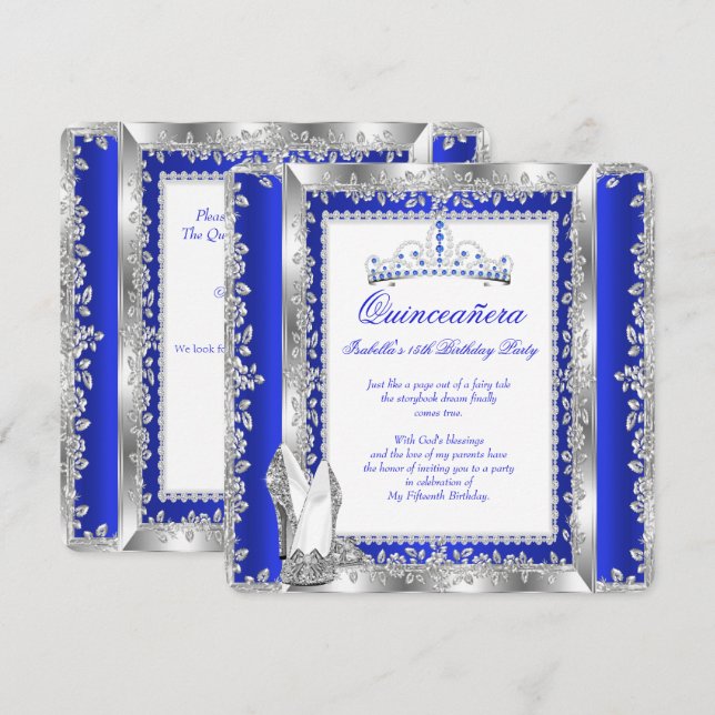 Invitación Quinceanera Fiesta de cumpleaños 15 Royal Blue Sil (Anverso / Reverso)