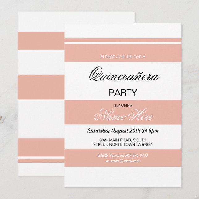 Invitación Quinceanera Fiesta de cumpleaños, coral de stripe  (Anverso / Reverso)